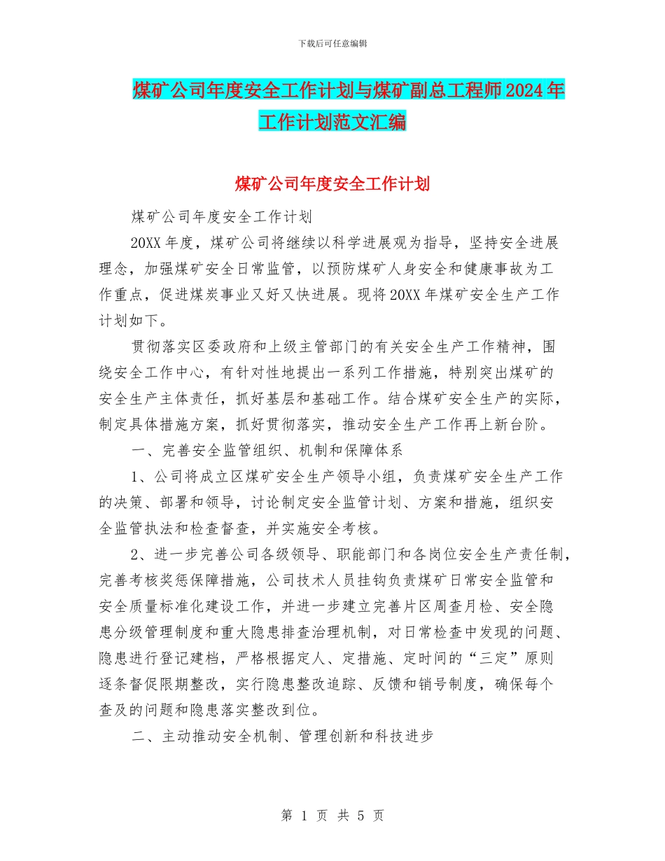 煤矿公司年度安全工作计划与煤矿副总工程师2024年工作计划范文汇编_第1页