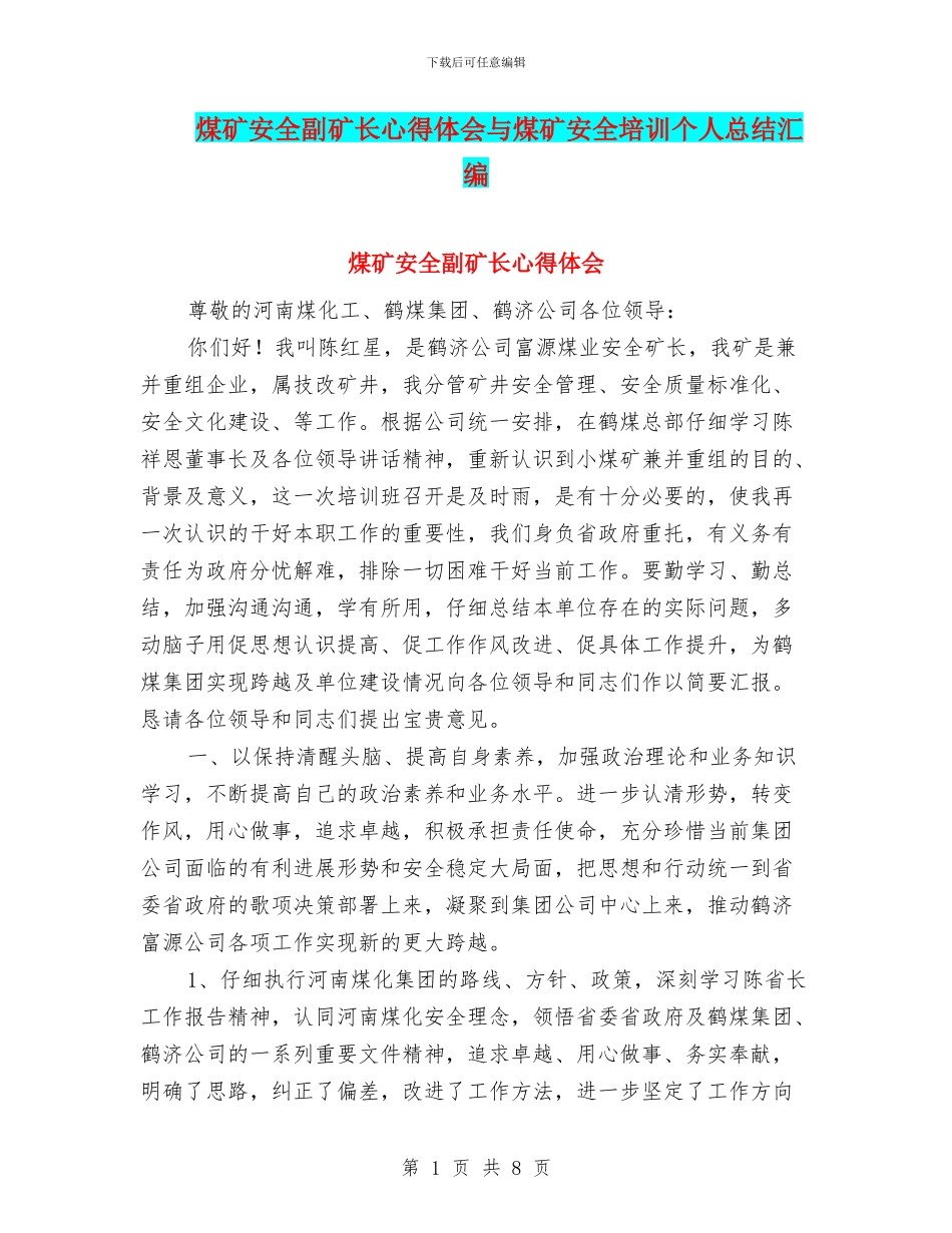 煤矿安全副矿长心得体会与煤矿安全培训个人总结汇编_第1页