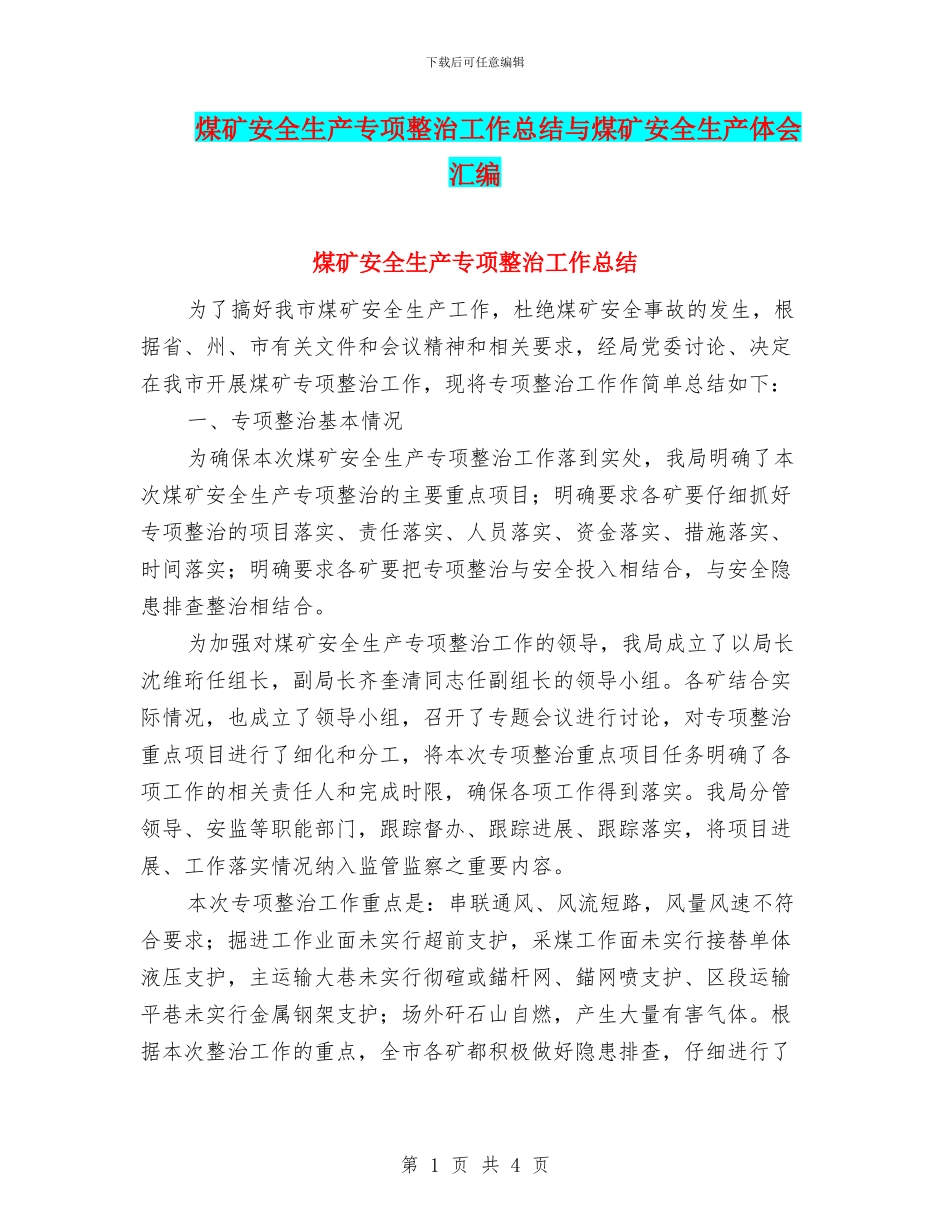 煤矿安全生产专项整治工作总结与煤矿安全生产体会汇编_第1页