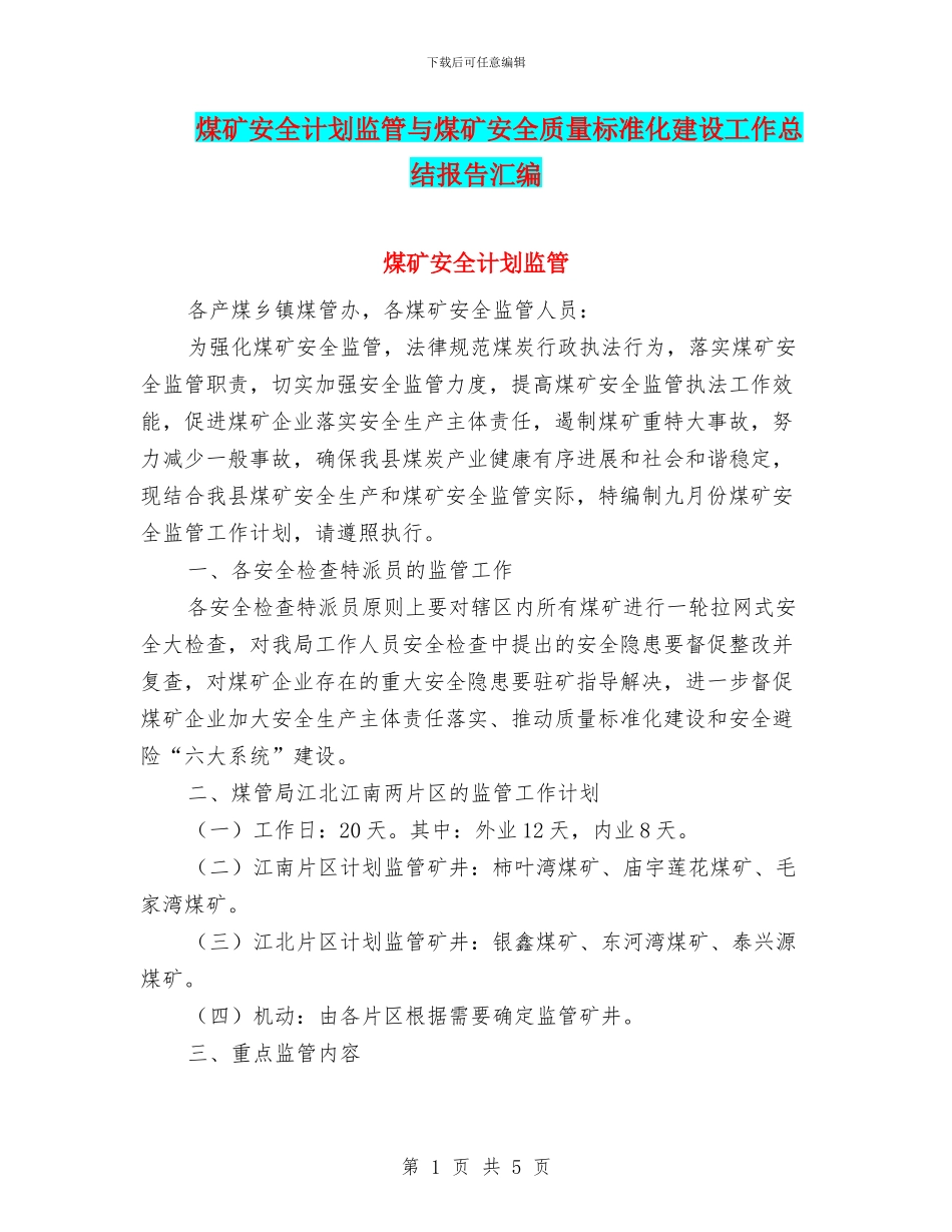 煤矿安全计划监管与煤矿安全质量标准化建设工作总结报告汇编_第1页