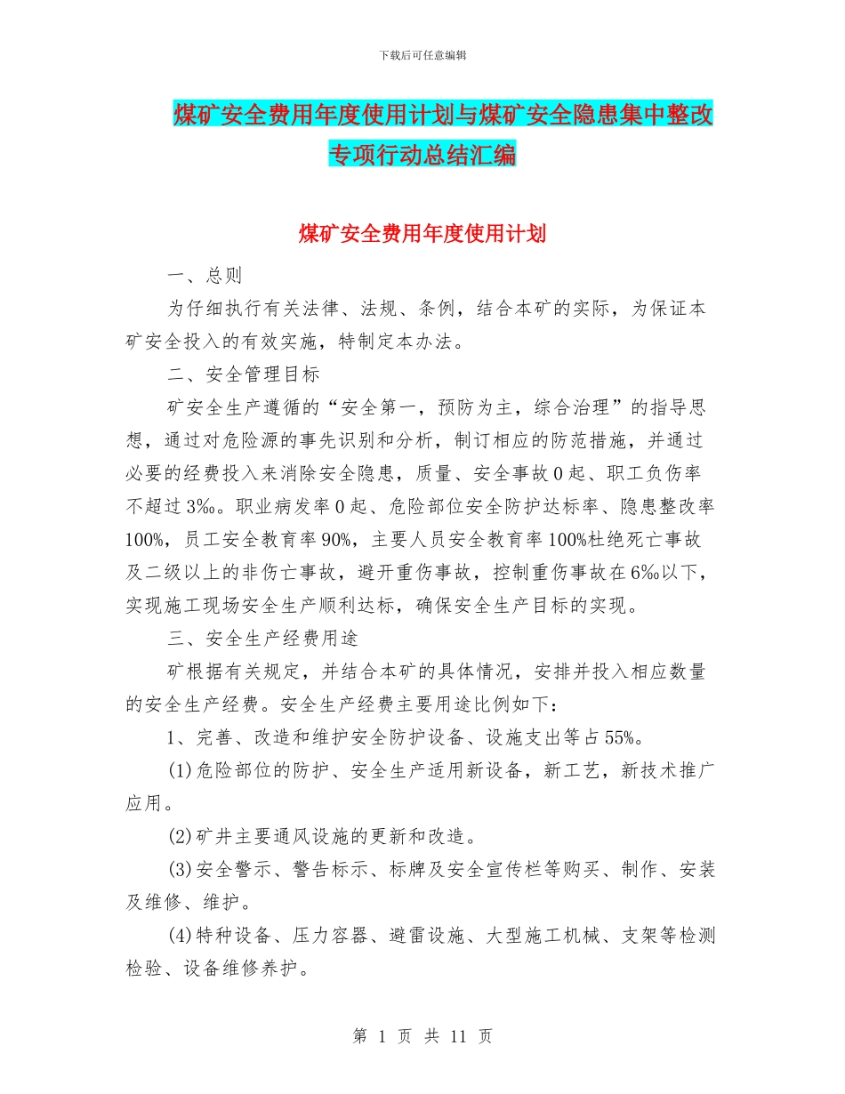 煤矿安全费用年度使用计划与煤矿安全隐患集中整改专项行动总结汇编_第1页