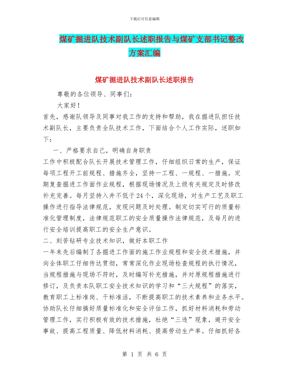 煤矿掘进队技术副队长述职报告与煤矿支部书记整改方案汇编_第1页