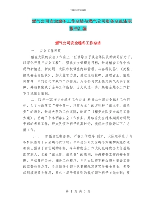 燃气公司安全越冬工作总结与燃气公司财务总监述职报告汇编