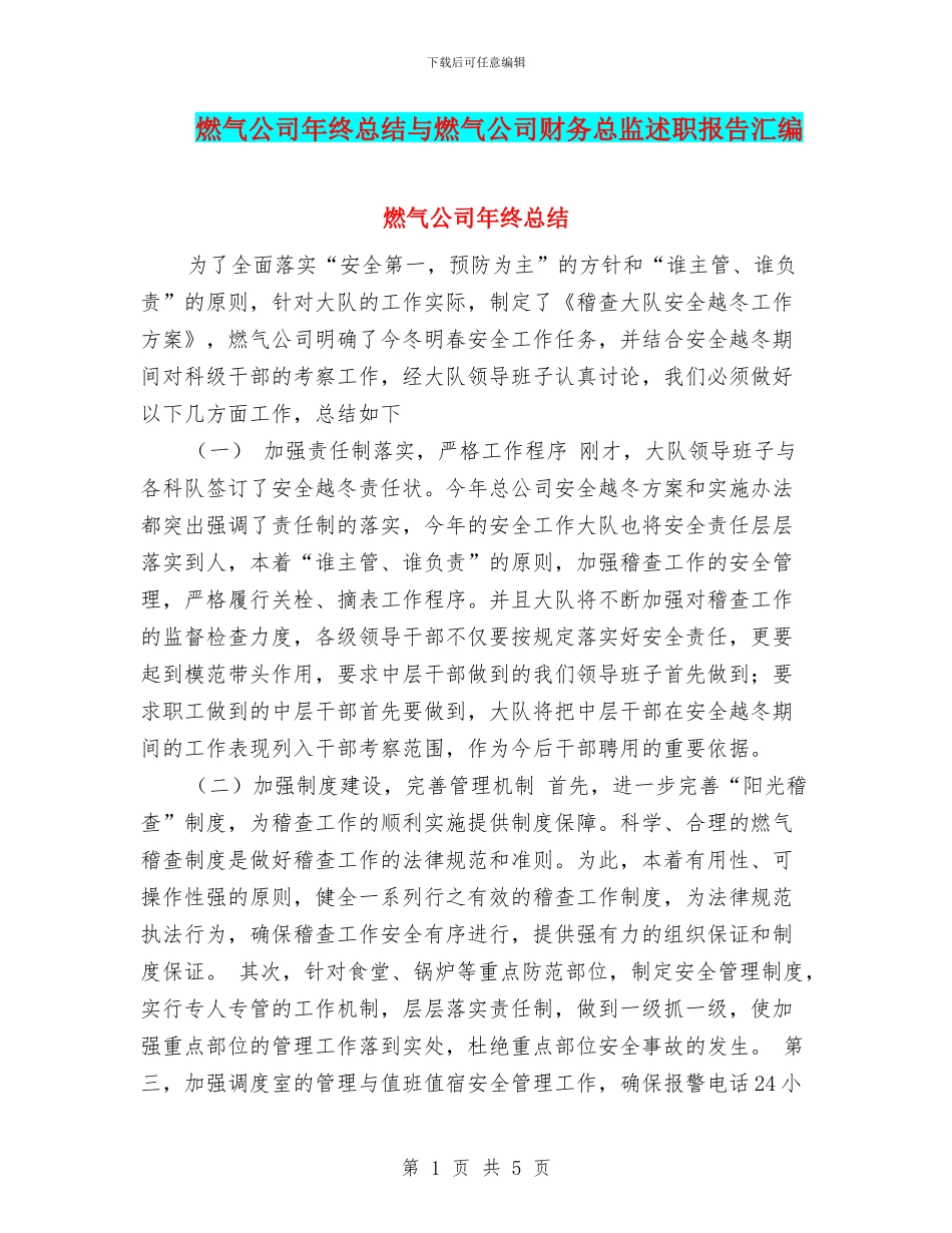 燃气公司年终总结与燃气公司财务总监述职报告汇编_第1页