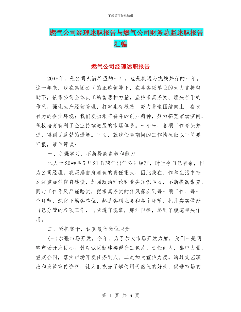 燃气公司经理述职报告与燃气公司财务总监述职报告汇编_第1页