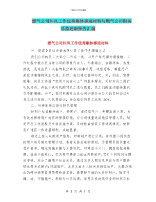燃气公司纠风工作优秀集体事迹材料与燃气公司财务总监述职报告汇编