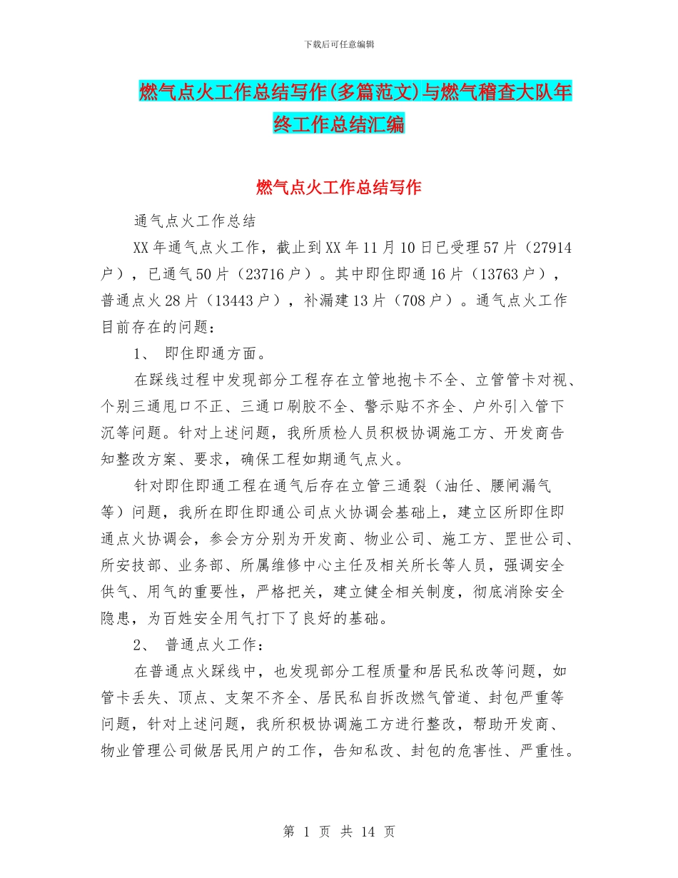 燃气点火工作总结写作与燃气稽查大队年终工作总结汇编_第1页