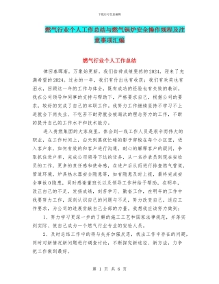 燃气行业个人工作总结与燃气锅炉安全操作规程及注意事项汇编