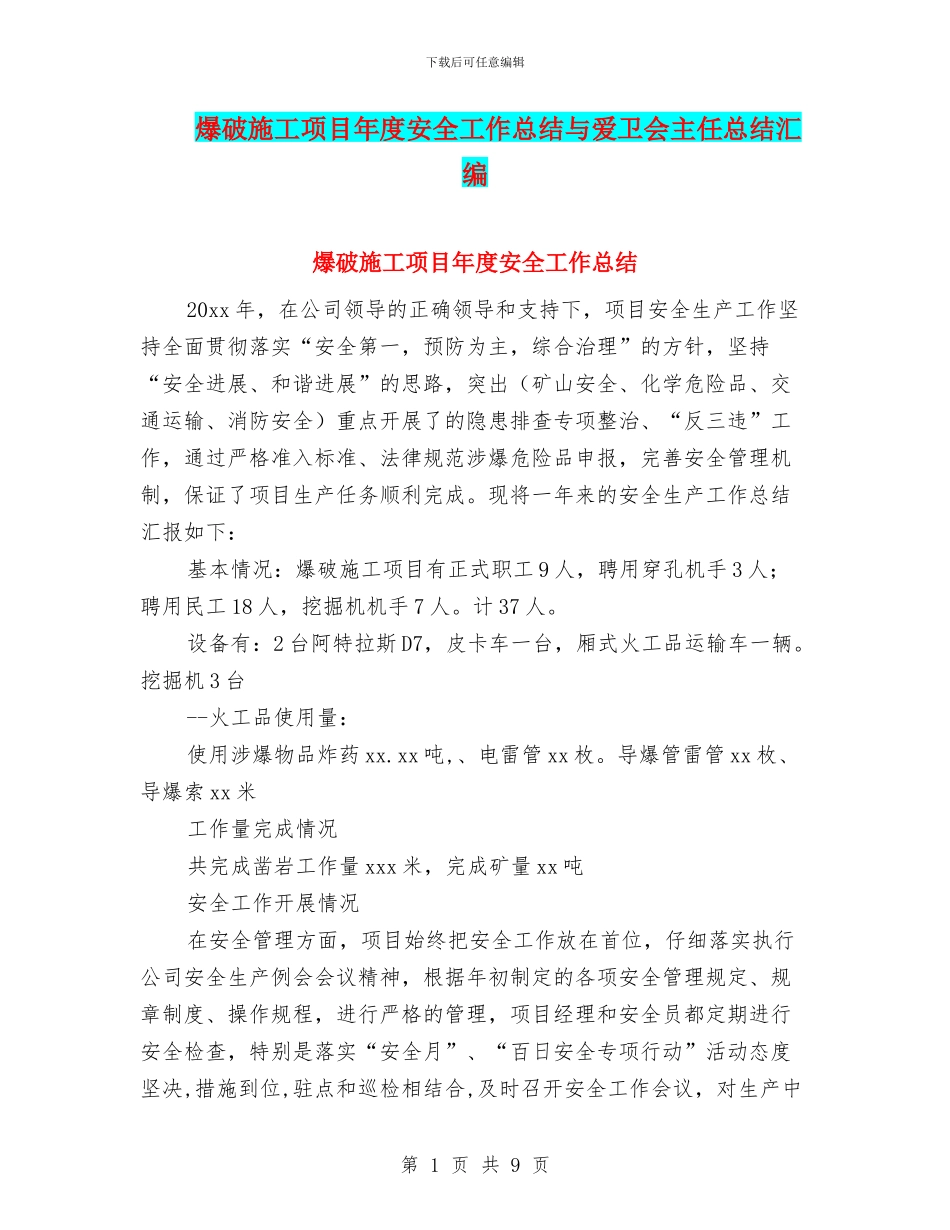 爆破施工项目年度安全工作总结与爱卫会主任总结汇编_第1页