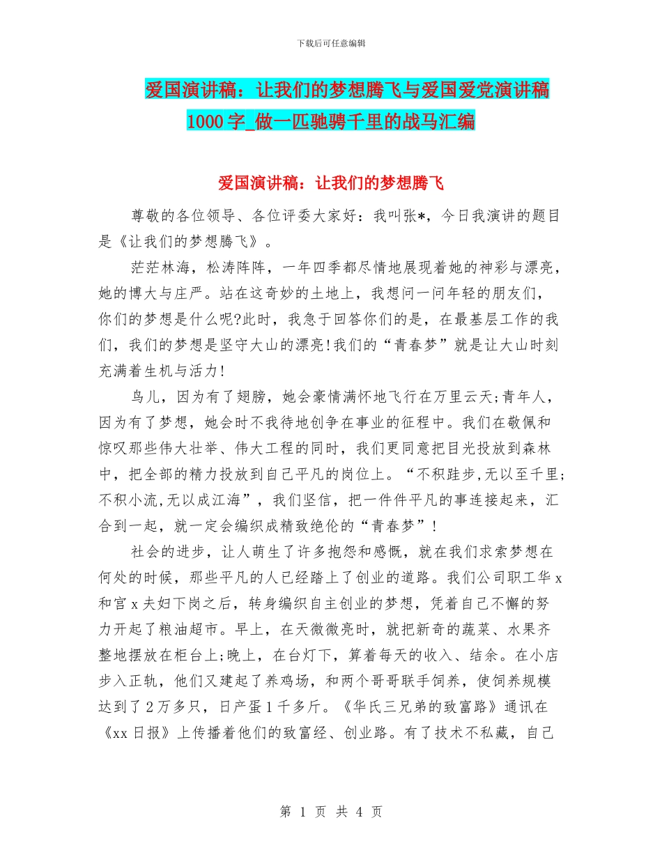 爱国演讲稿：让我们的梦想腾飞与爱国爱党演讲稿1000字_第1页