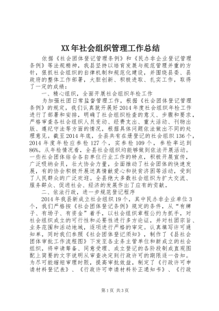 XX年社会组织管理工作总结
