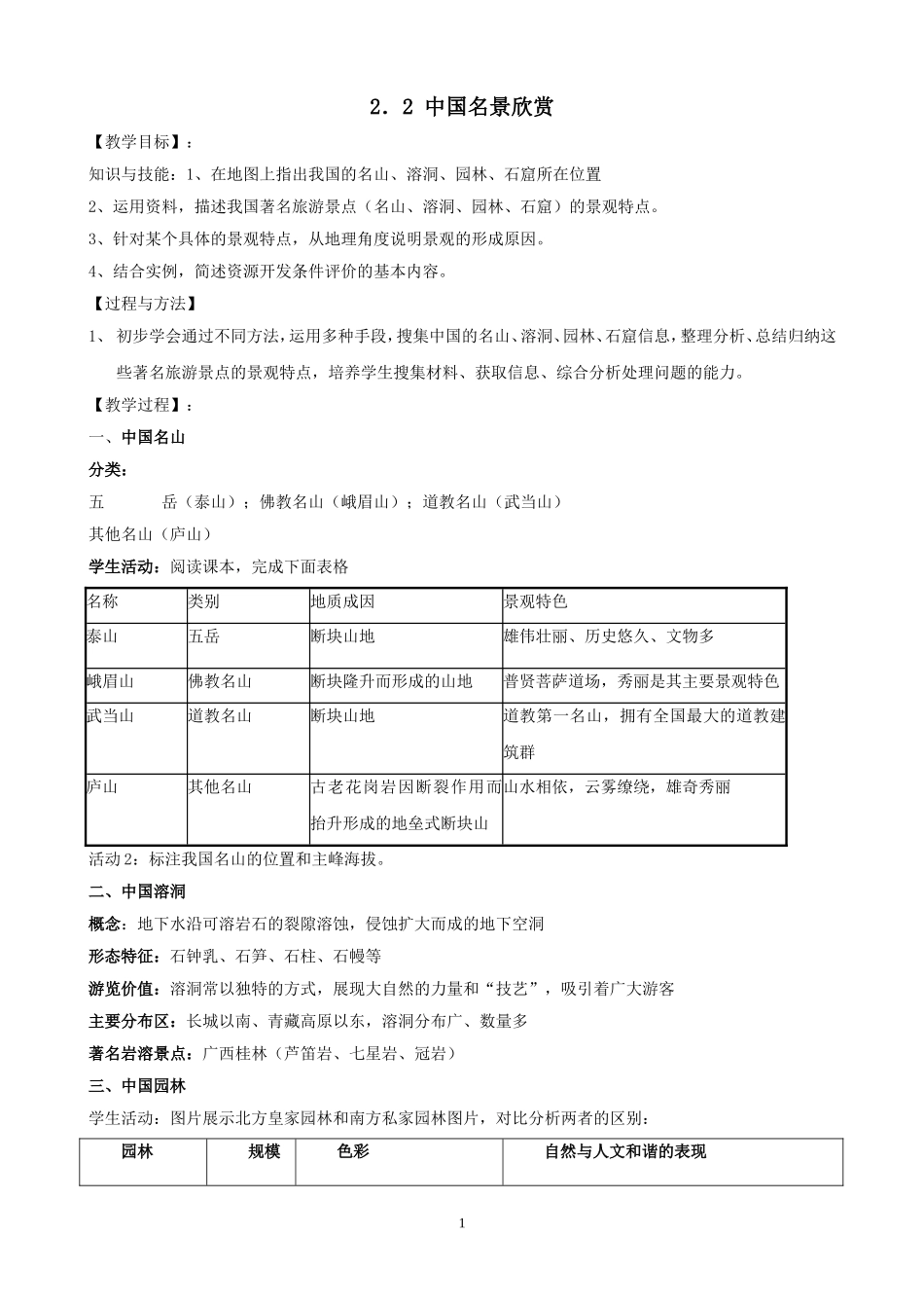地理：22中国名景欣赏1教案（湘教版选修3）_第1页