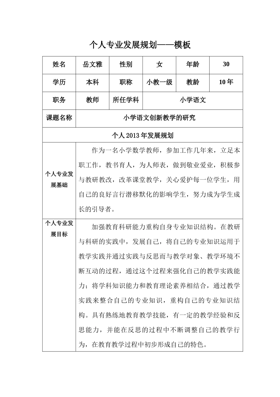 岳文雅专业发展规划_第1页