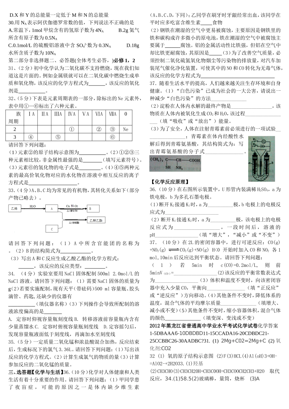 2012年黑龙江省普通高中学业水平考试化学试卷_第2页