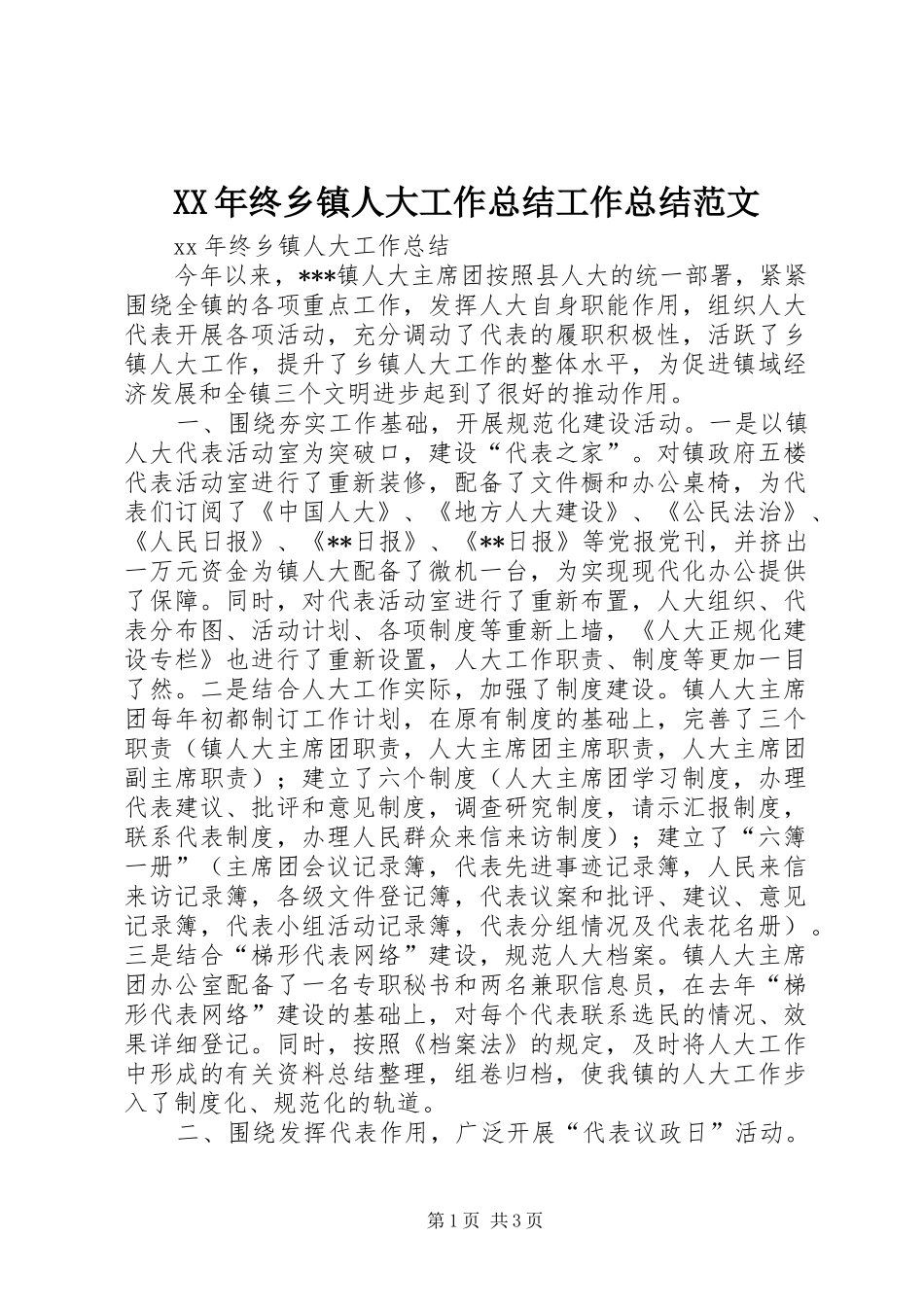 XX年终乡镇人大工作总结工作总结范文_第1页