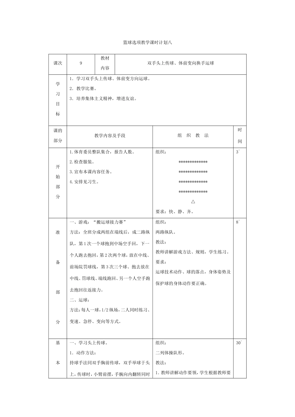 篮球选项教学课时计划八_第1页