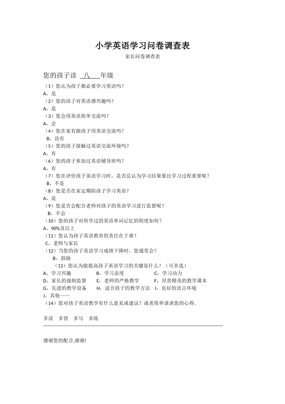 小学英语学习问卷调查表 (4)_第1页