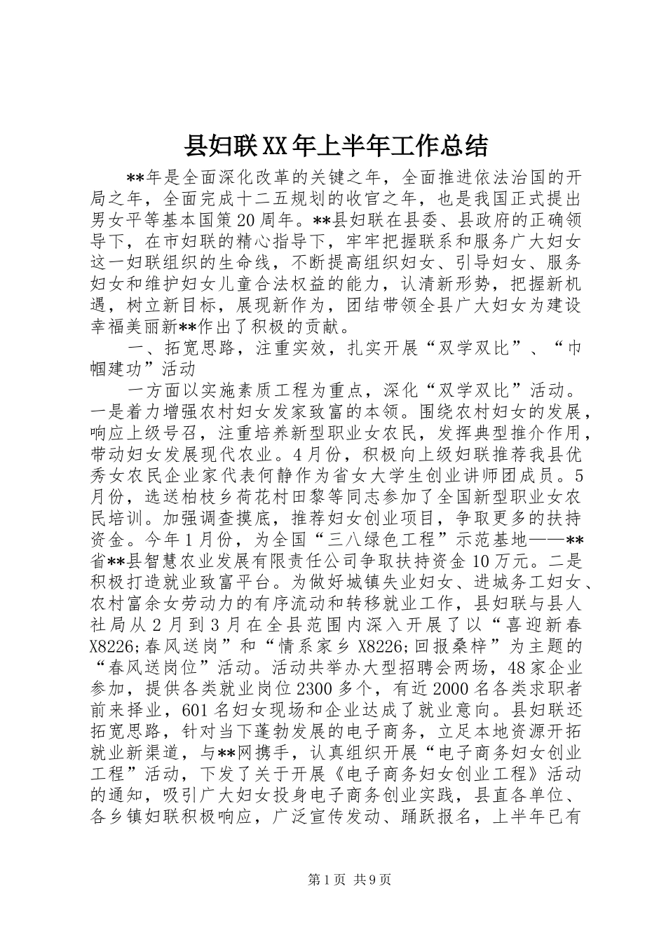 县妇联XX年上半年工作总结_第1页
