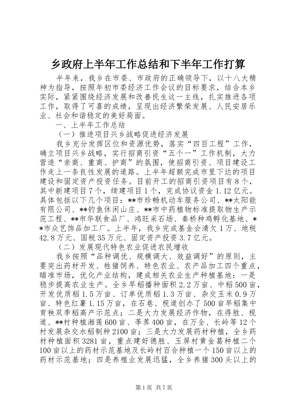 乡政府上半年工作总结和下半年工作打算_第1页
