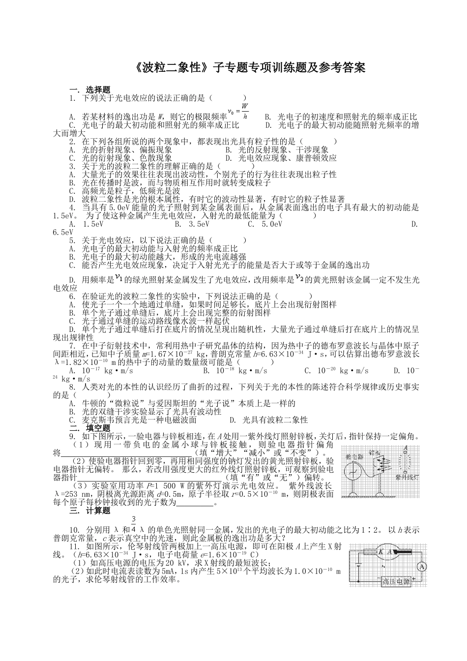 《波粒二象性》子专题专项训练题及参考答案_第1页