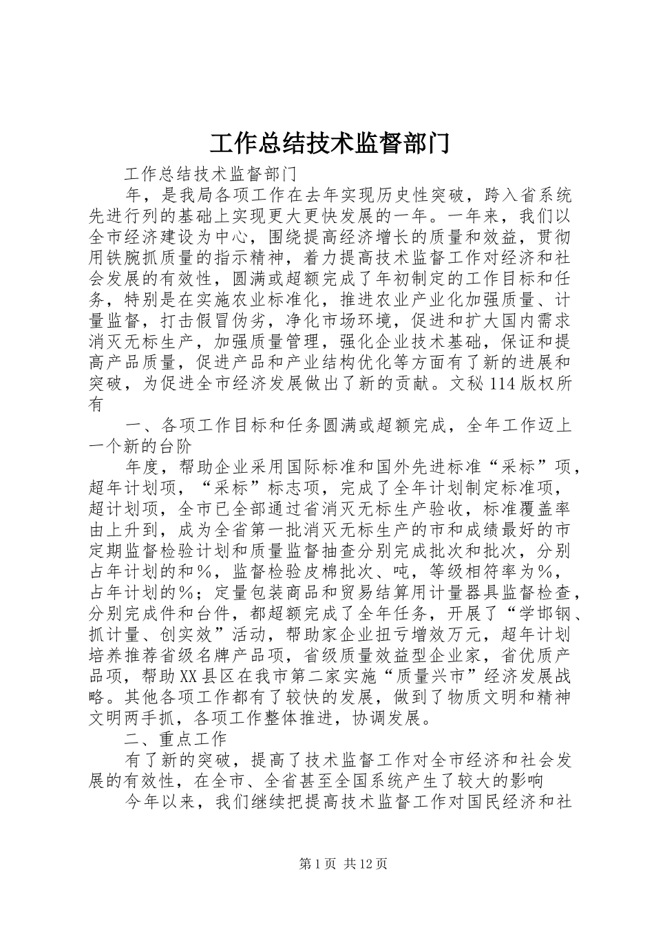 工作总结技术监督部门_1_第1页
