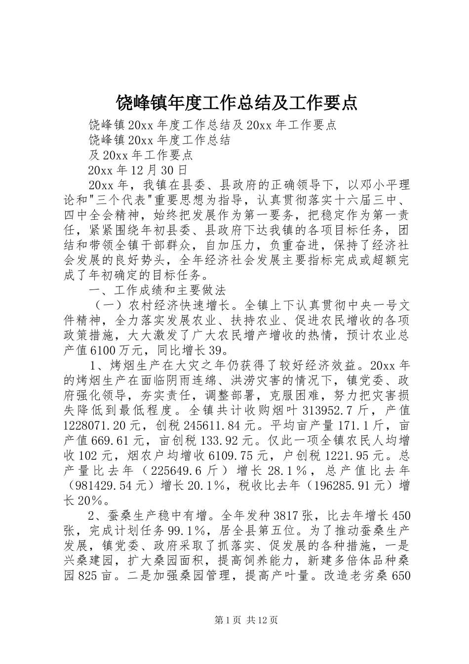 饶峰镇年度工作总结及工作要点_第1页