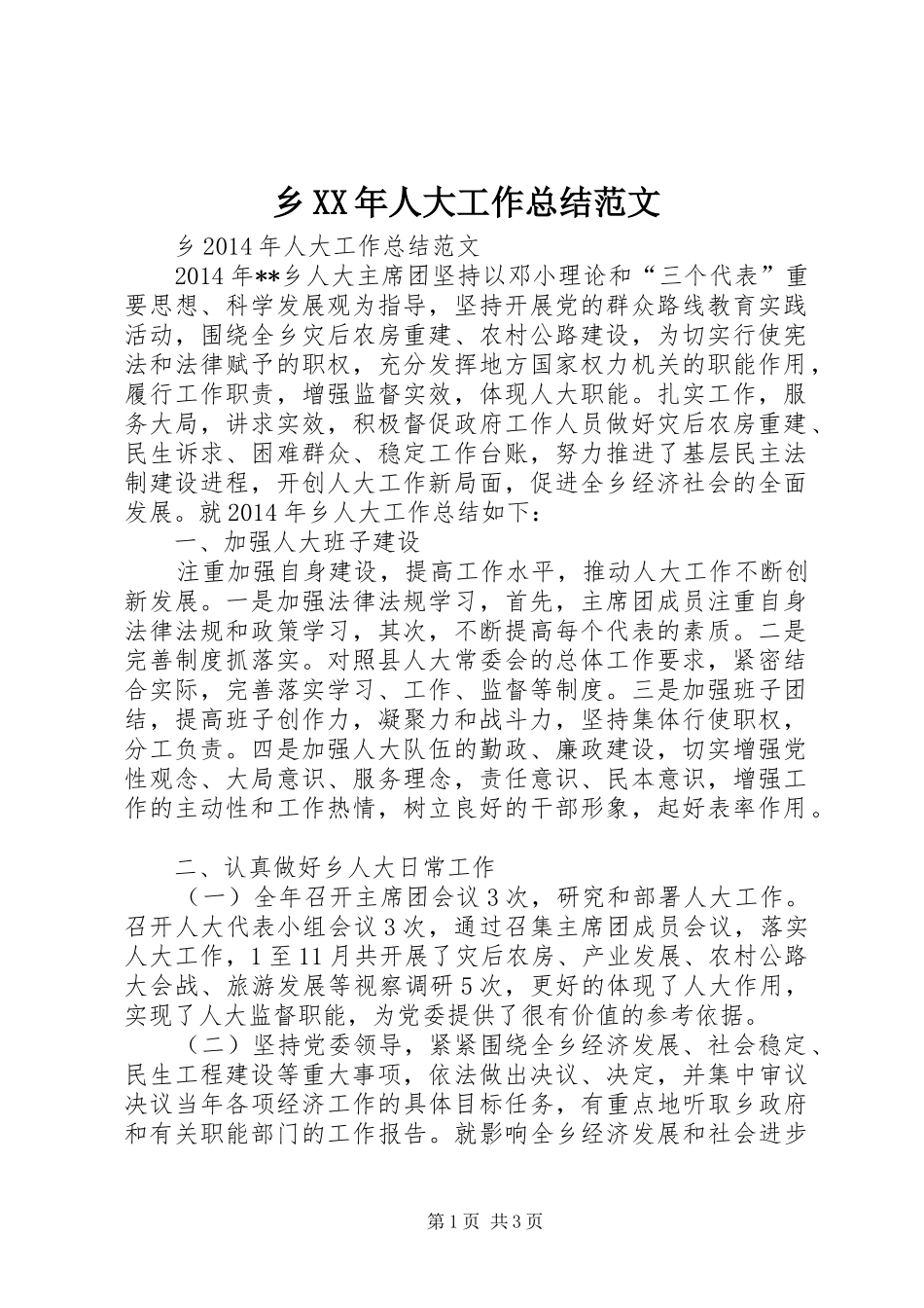 乡XX年人大工作总结范文_第1页