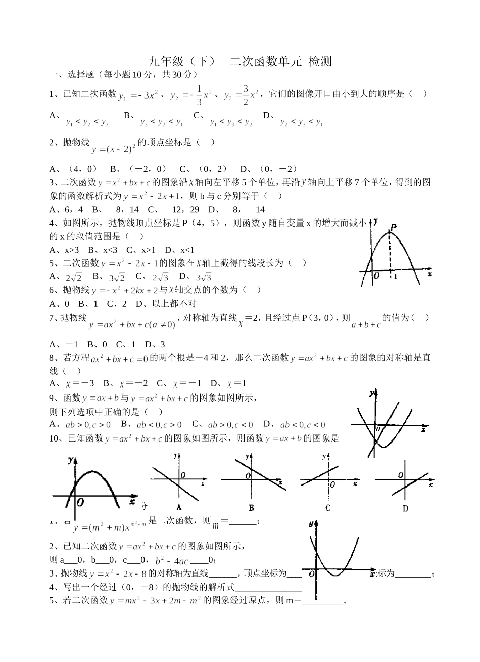 九年级（下）二次函数单元检测_第1页