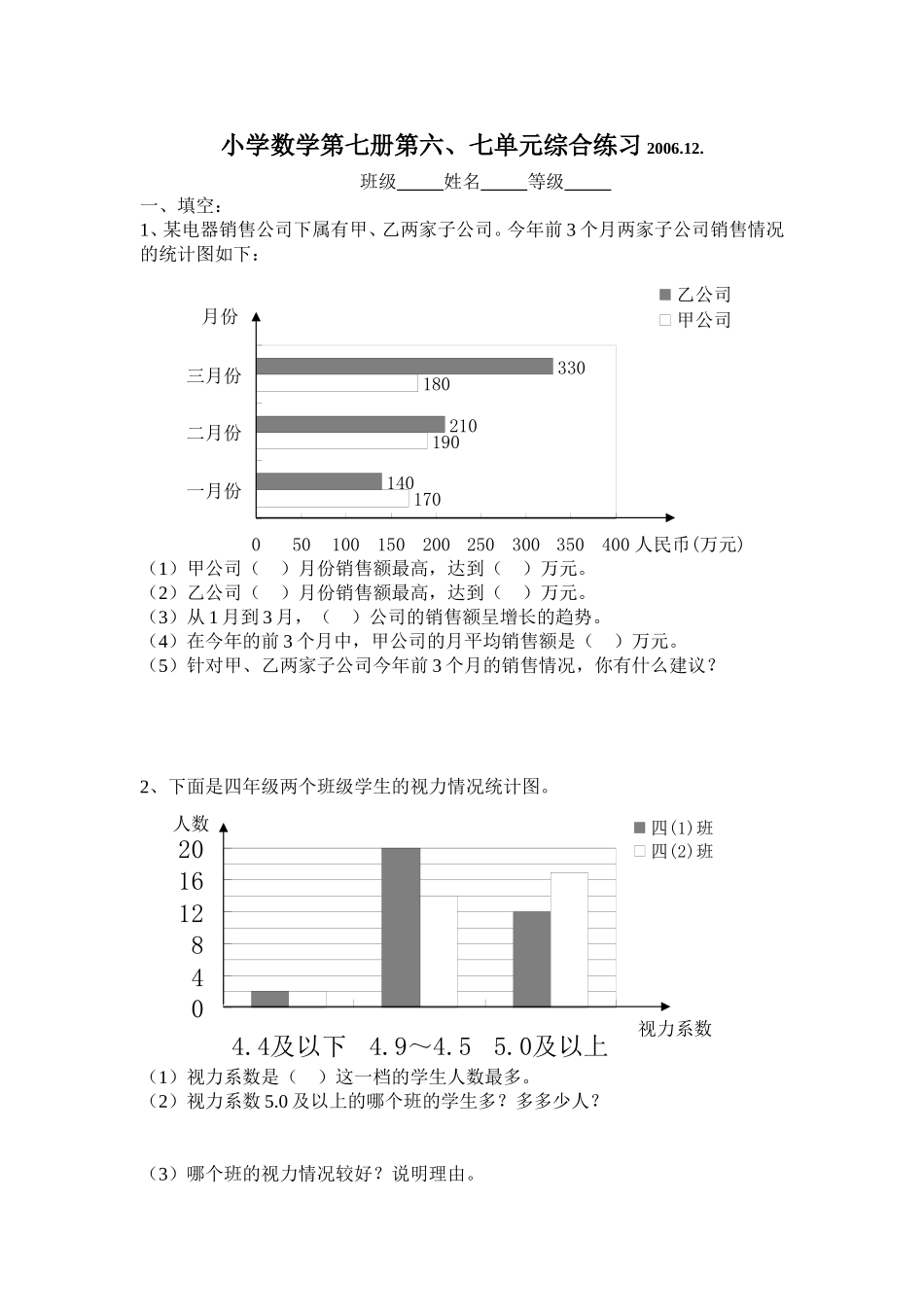 小学数学第七册第六、七单元综合练习_第1页
