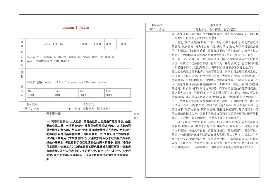 甘肃省白银市强湾中学七年级英语上册Lesson1Hello导学案（无答案）冀教版_第1页