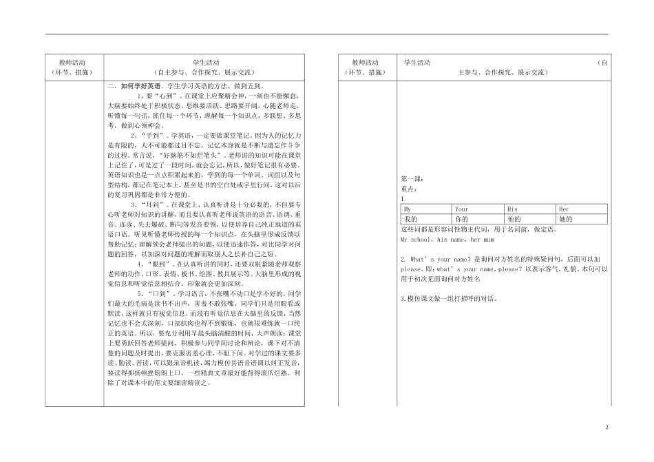 甘肃省白银市强湾中学七年级英语上册Lesson1Hello导学案（无答案）冀教版_第2页