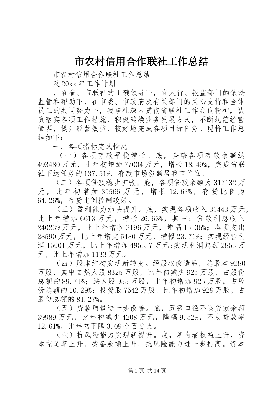 市农村信用合作联社工作总结_1_第1页