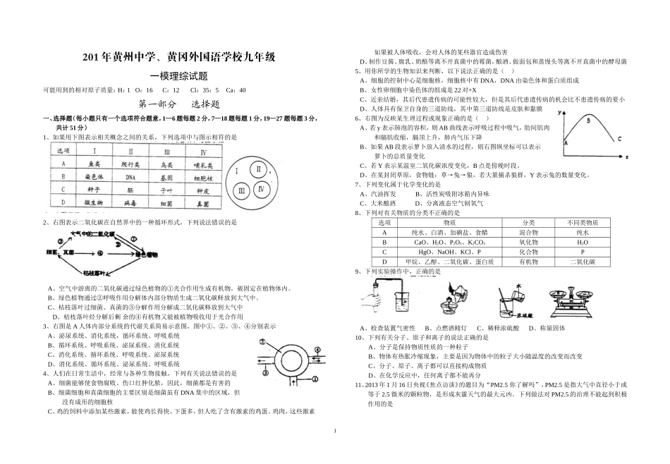 2013年黄州中学、黄冈外国语学校九年级一模理综试题（正稿）_第1页