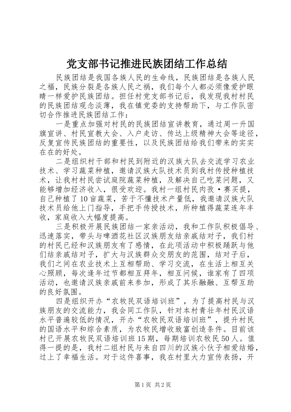 党支部书记推进民族团结工作总结_第1页