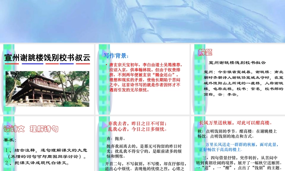 苏教语文八下诗词曲三首《宣州谢眺楼饯别校书叔云》《天净沙·秋思》《渔家傲》课件