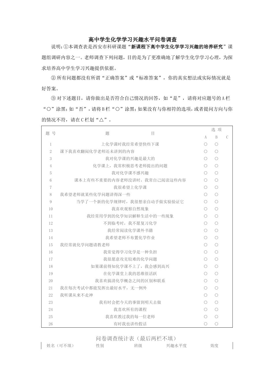 高中学生化学学习兴趣水平问卷调查_第1页