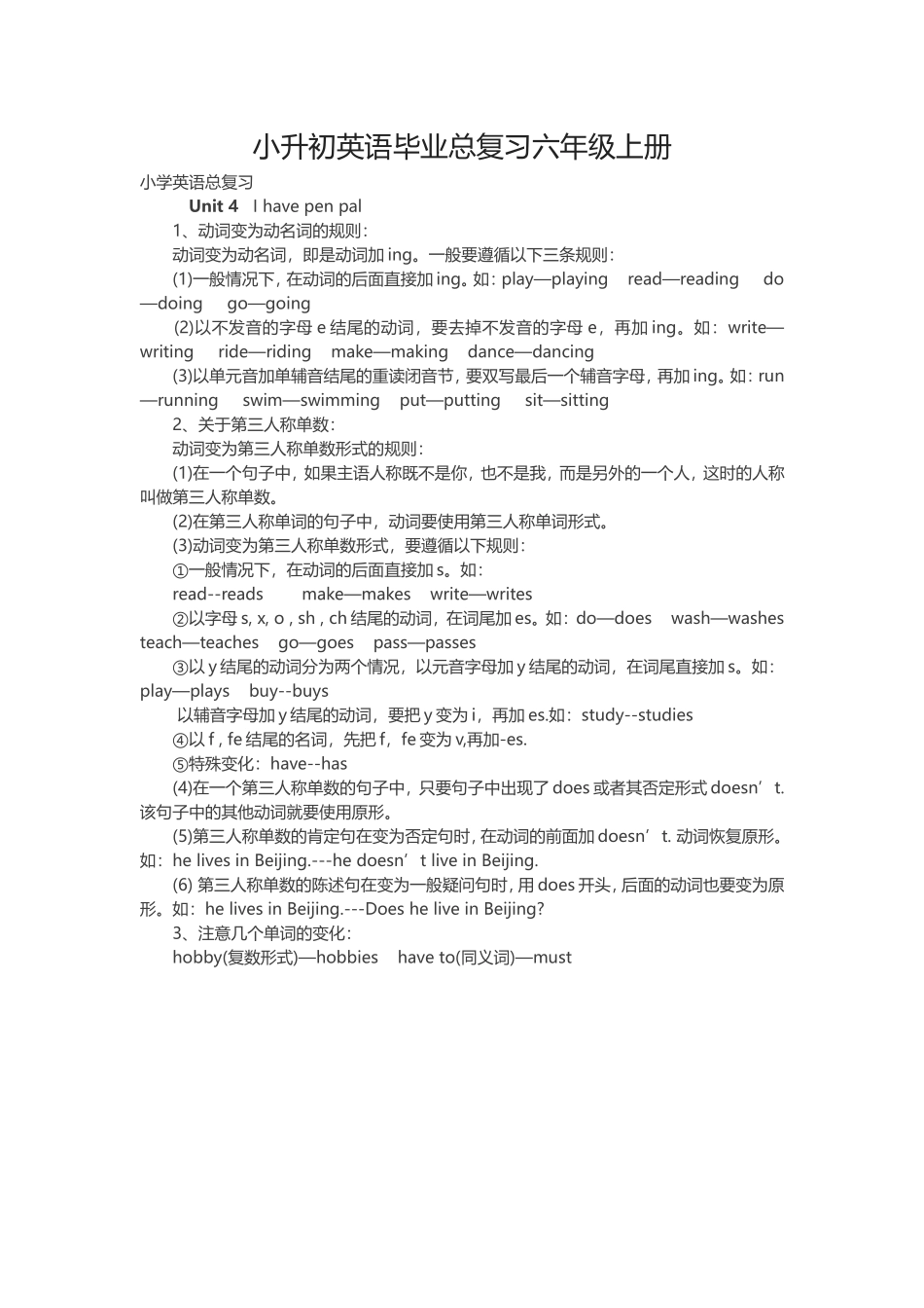 六年级英语上册第四单元知识要点_第1页