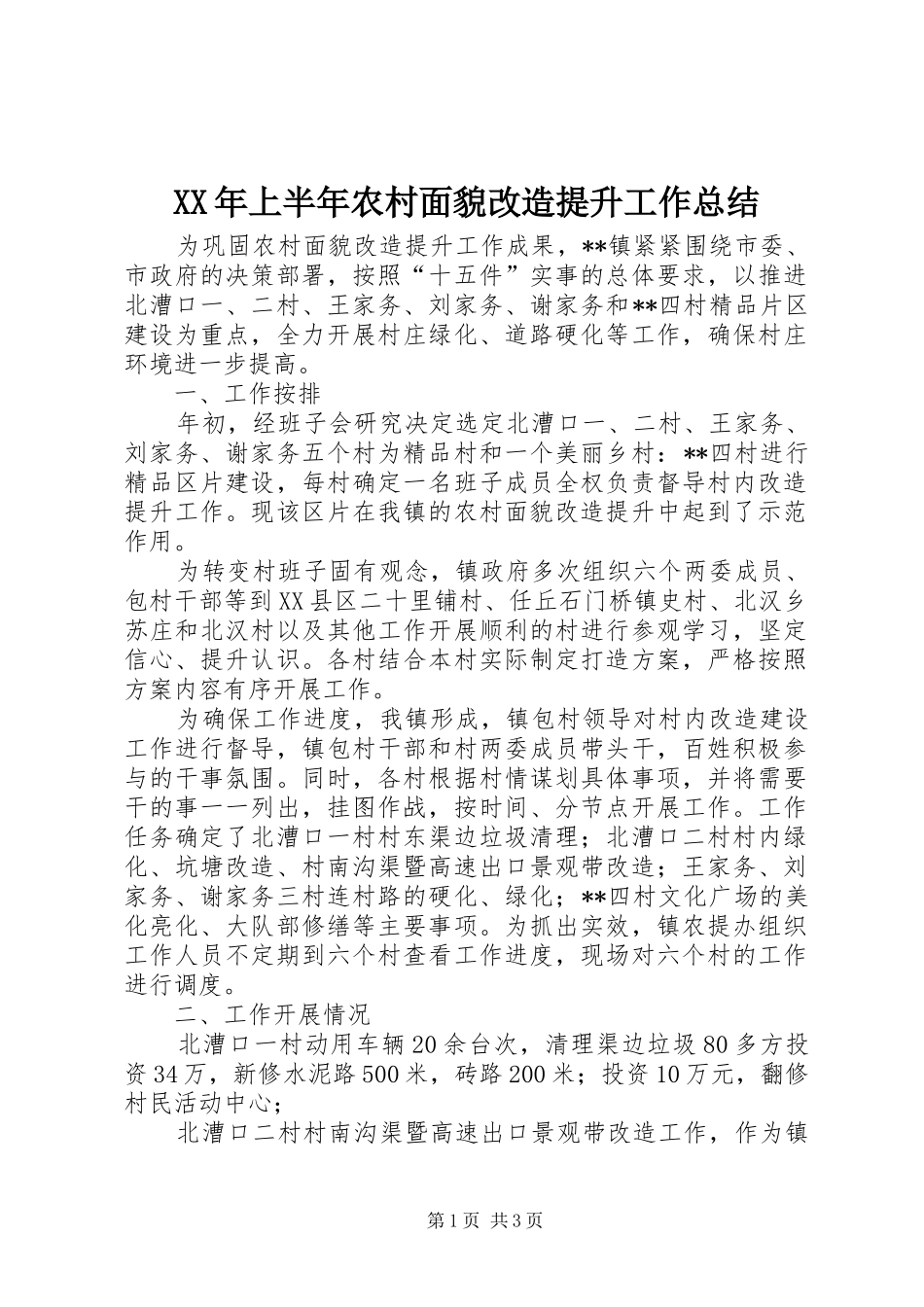 XX年上半年农村面貌改造提升工作总结_第1页