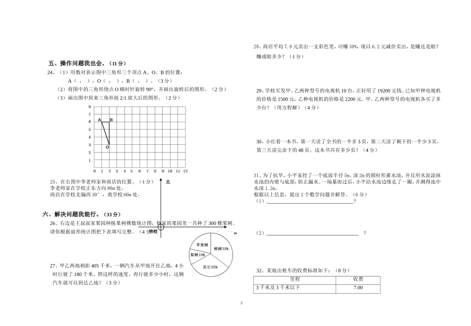 2013年六年级数学毕业考试试卷_第2页