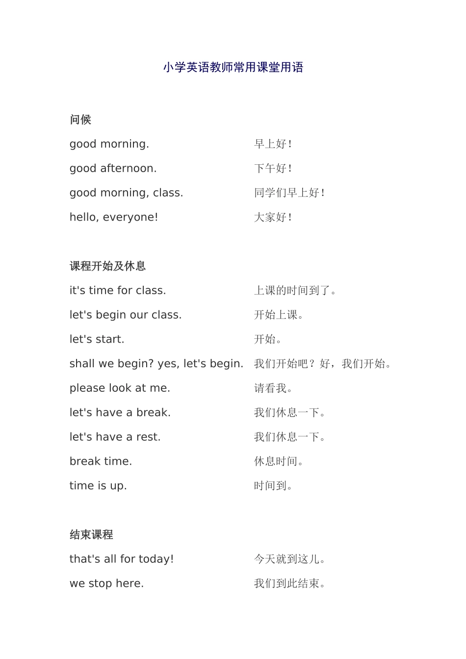 小学英语教师常用课堂用语_第1页