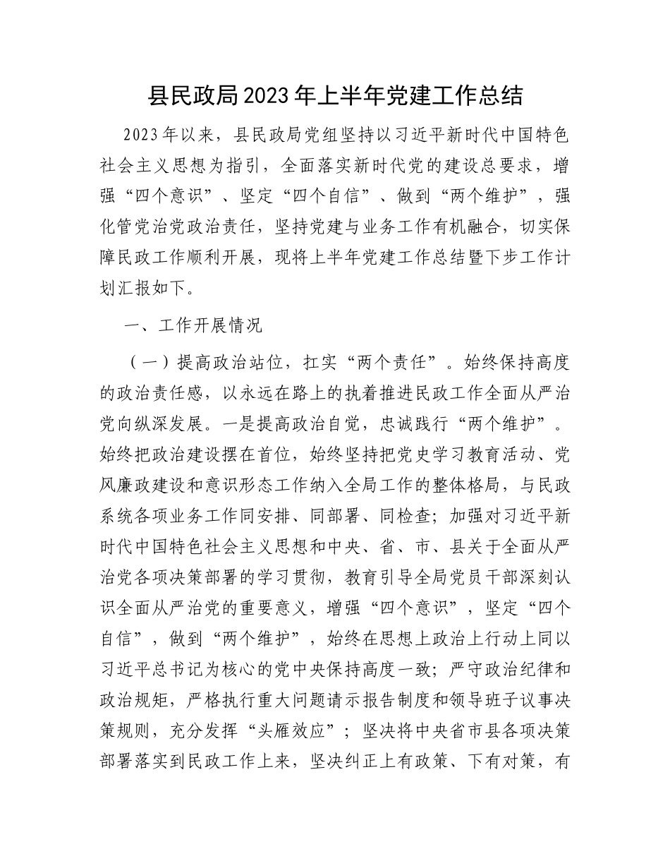 县民政局2023年上半年党建工作总结_第1页