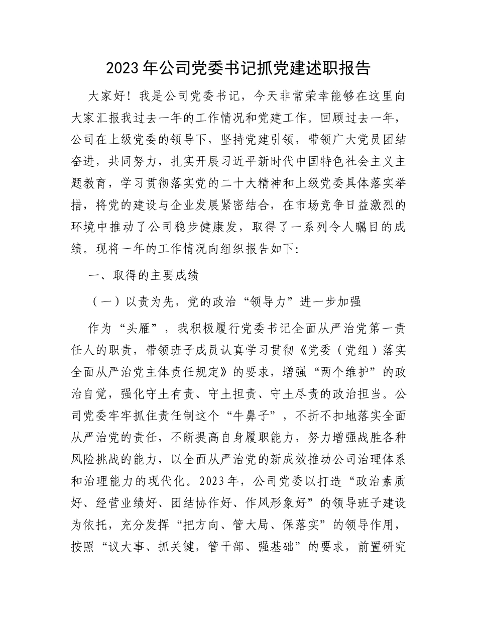2023年公司党委书记抓党建述职报告_第1页