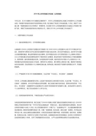 2019年上半年党建工作总结（公司党委）