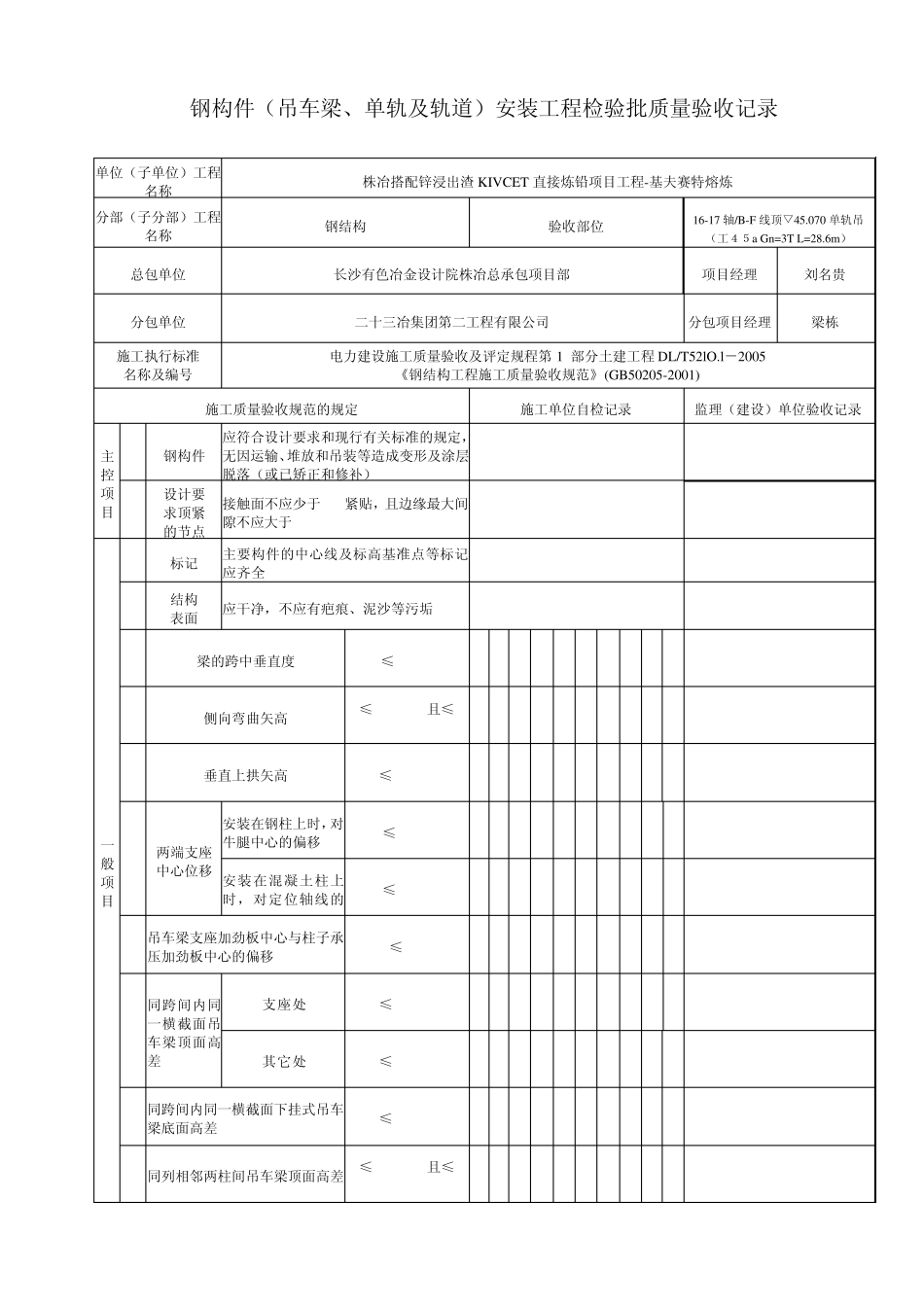 (吊车梁、单轨及轨道)安装工程检验批质量验收记录_第1页
