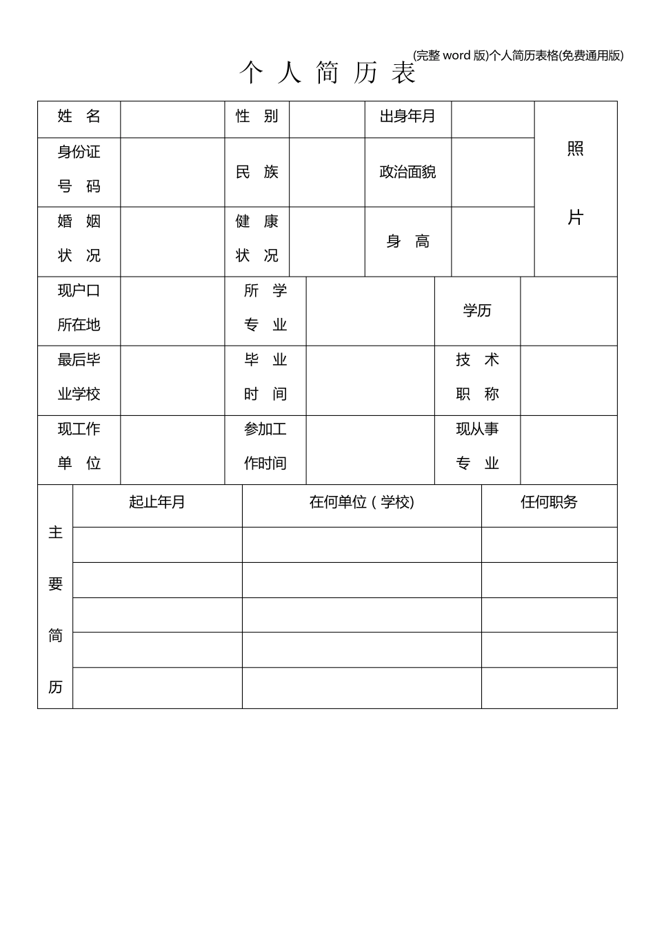 (完整word版)个人简历表格(免费通用版)_第1页