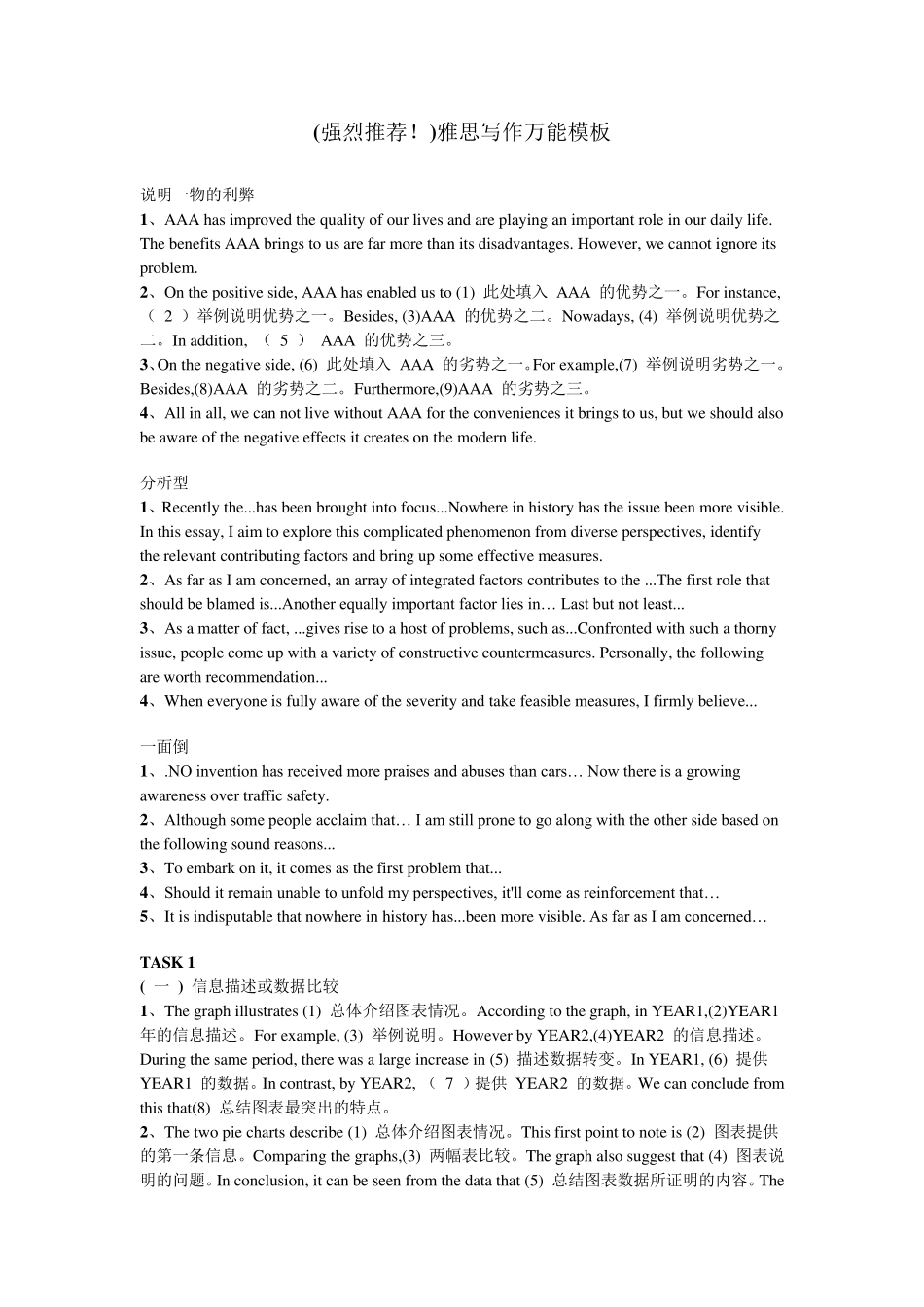 (强烈推荐)雅思写作万能模板_第1页