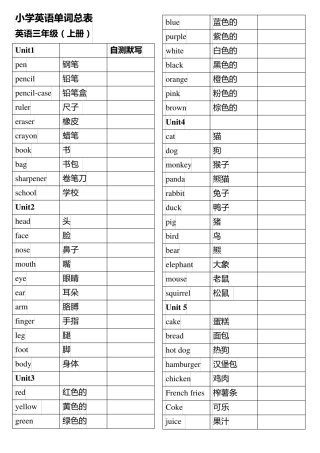 (自测默写版)小学英语所有单词