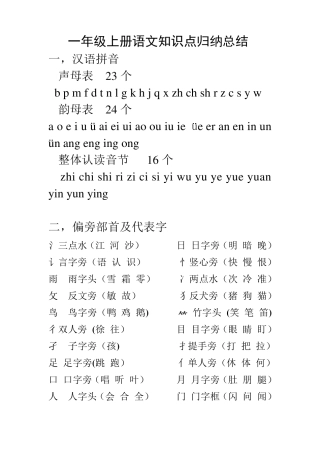 (重要)一年级上册语文知识点归纳总结