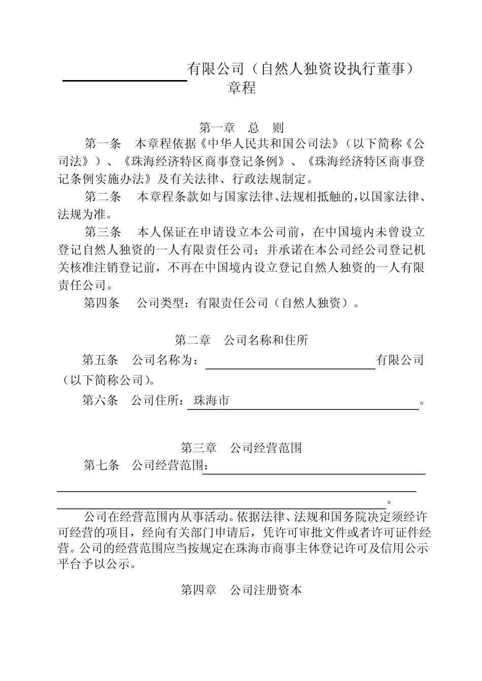 005一人(自然人独资)公司章程参考范本(适用于设执行董事)_第2页