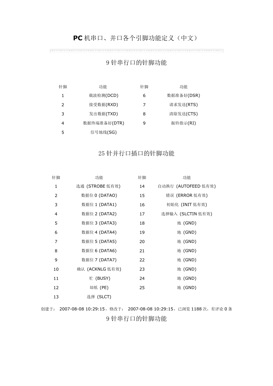 PC机串口、并口各个引脚功能定义_第1页